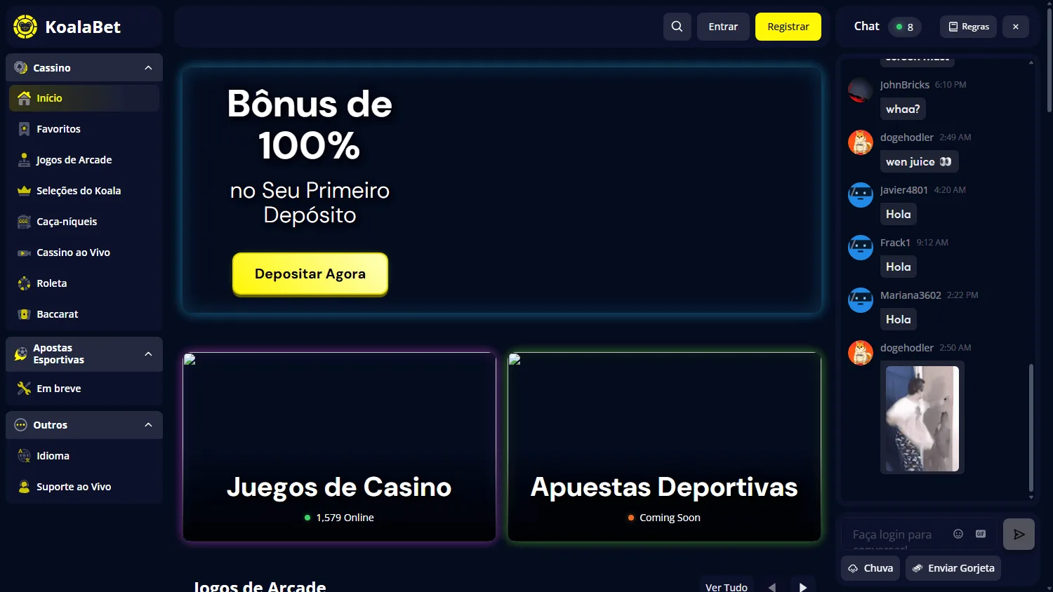 Koala Casino desktop game lobby with pokies and casino game categories