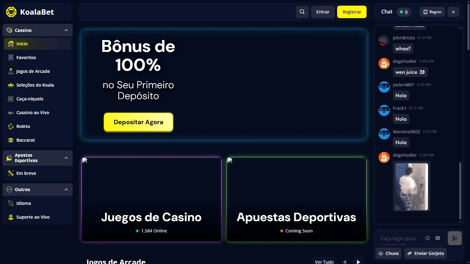 Koala Casino desktop home screen with the casino offer and player options